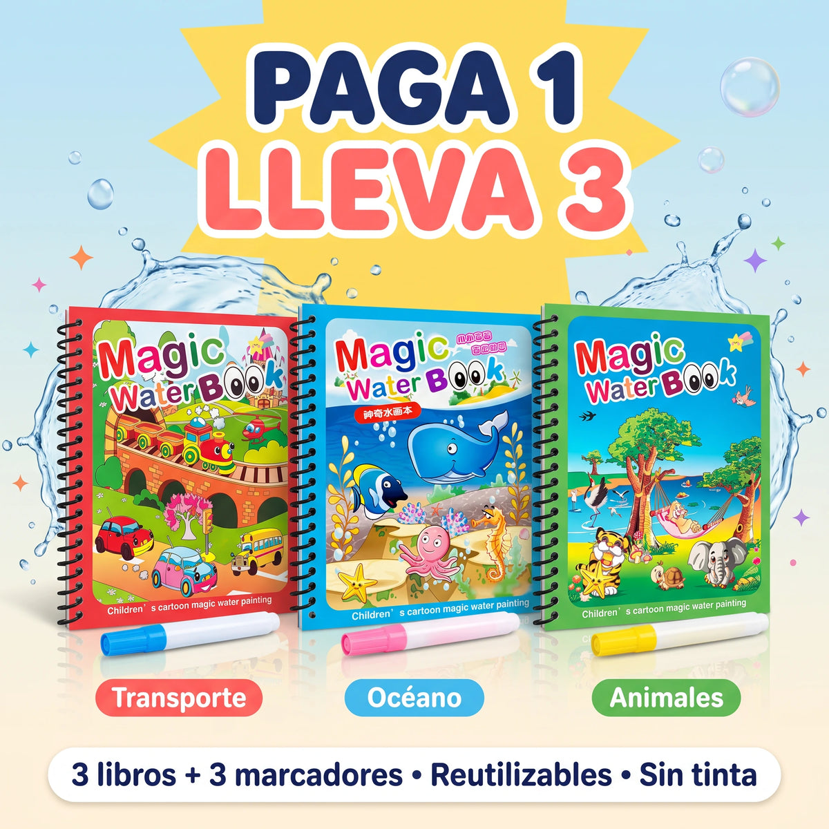 Aqua Magic Book: paga 1 y lleva 3 libros con 3 marcadores de agua