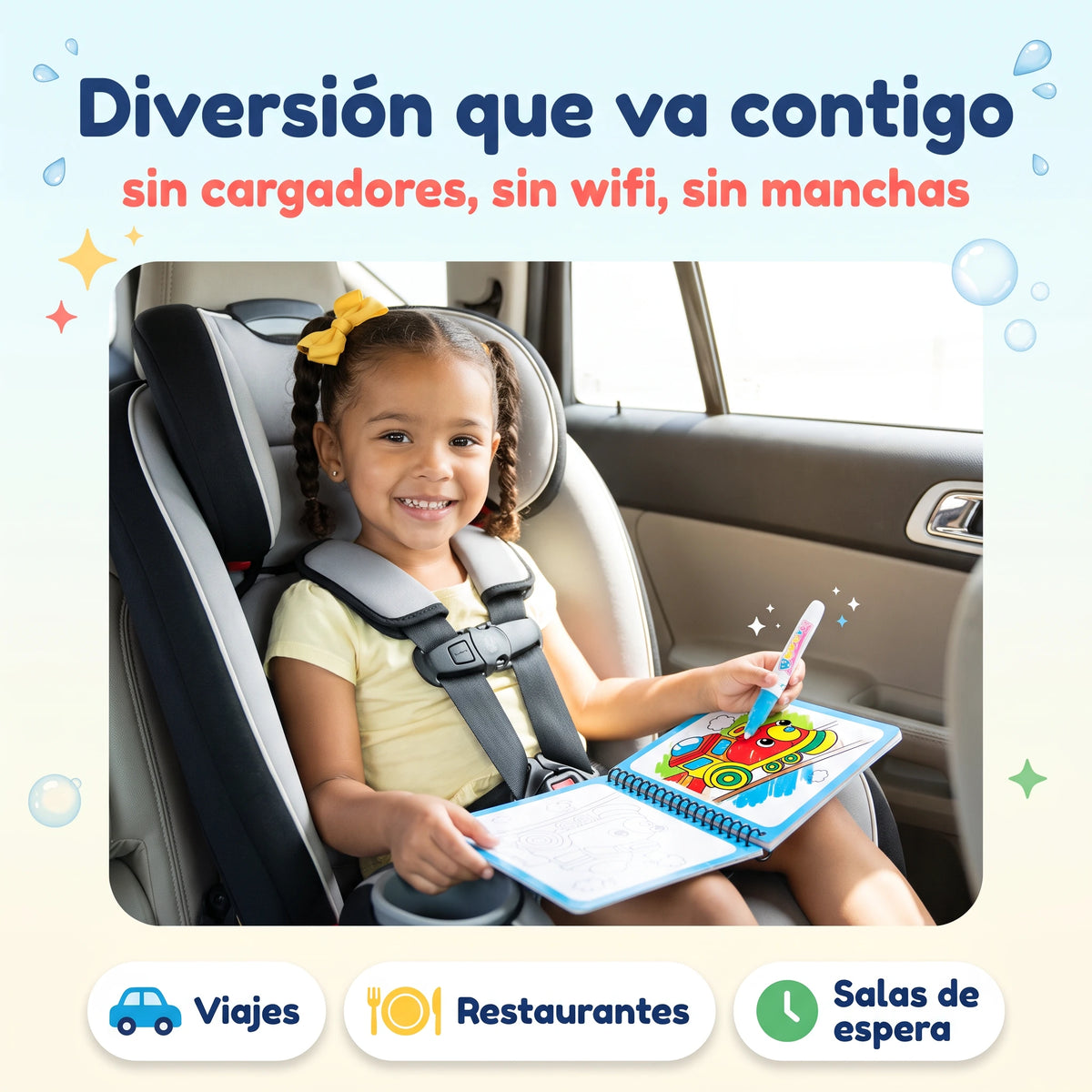 Niña usando Aqua Magic Book durante un viaje, sin pantallas ni manchas