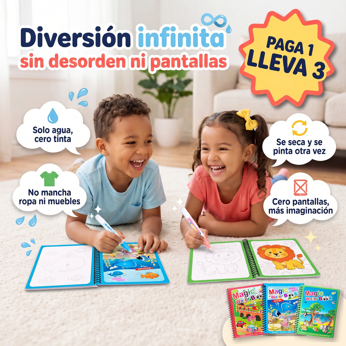 Niños pintando Aqua Magic Book con agua, sin tinta y reutilizable