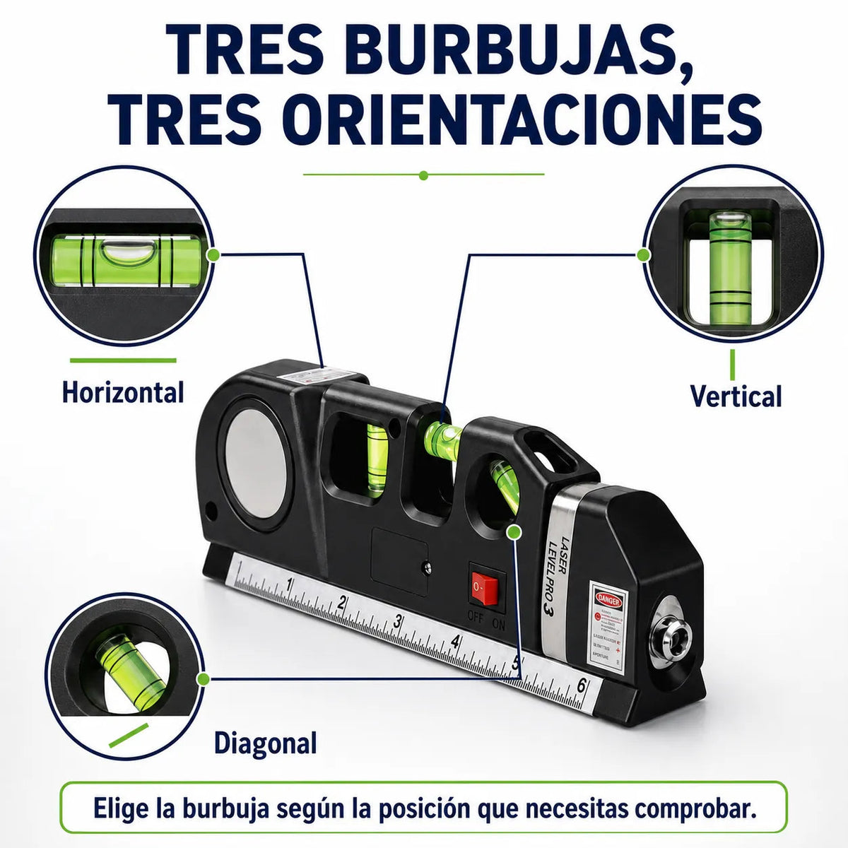 Tres niveles de burbuja de Level pro: horizontal, vertical y diagonal