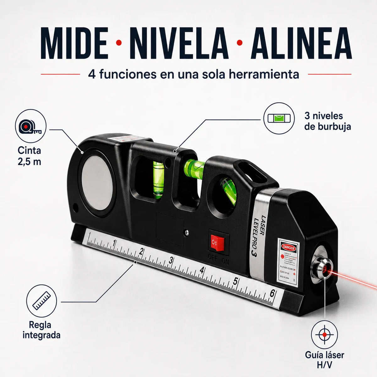 Level pro: guía láser, cinta de 2,5 m, tres niveles de burbuja y regla integrada