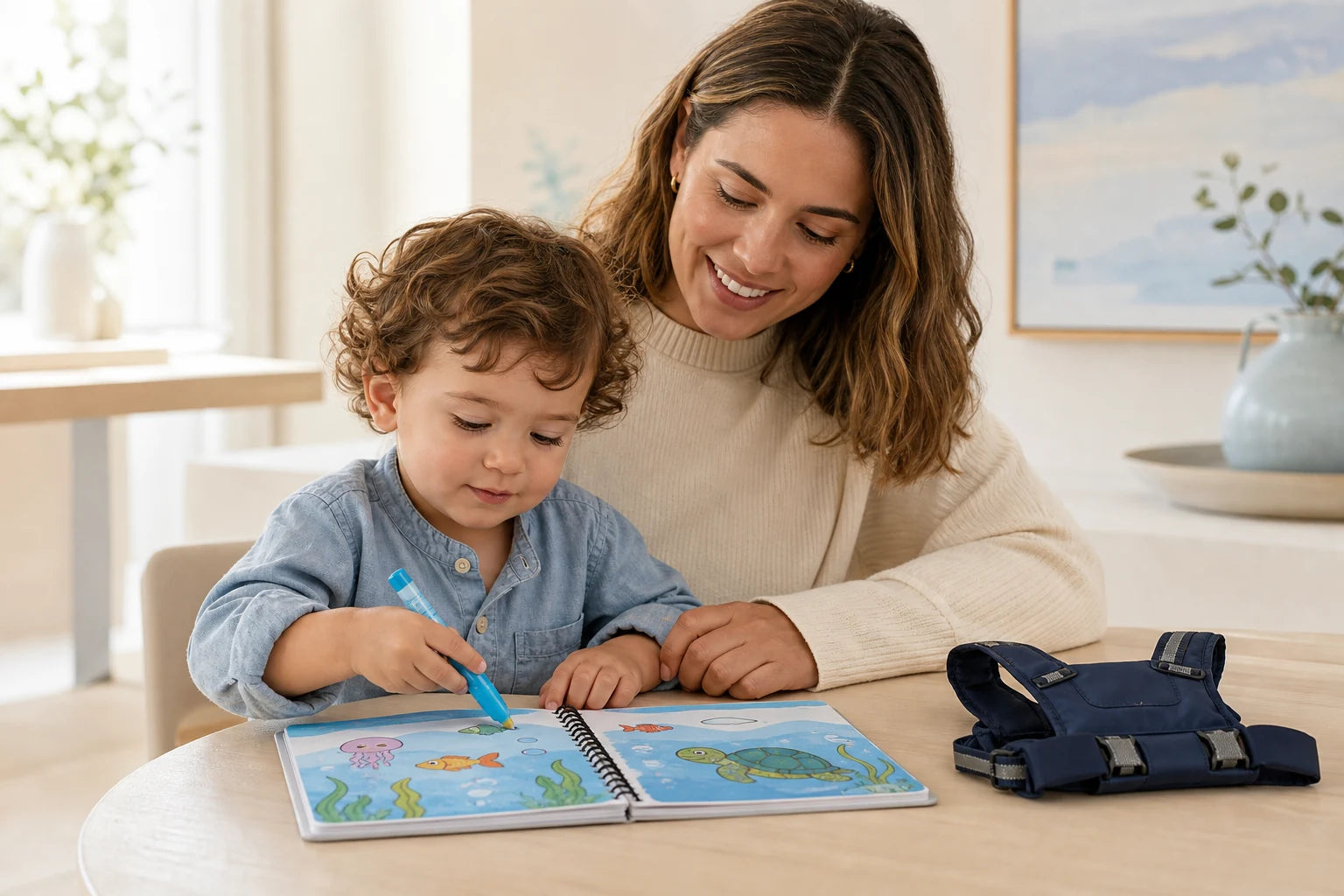Familia usando un libro mágico de agua