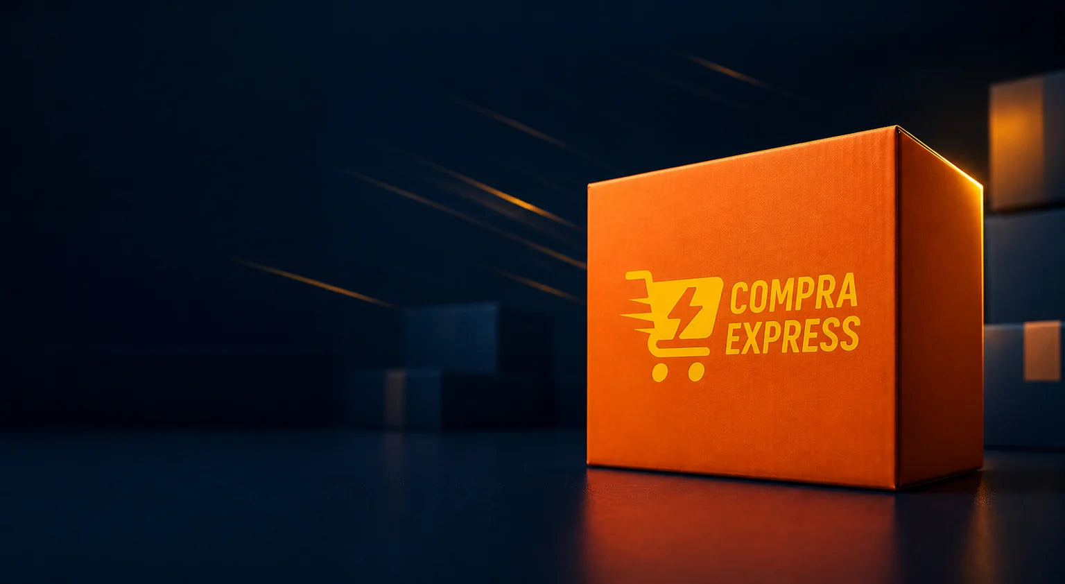 Paquete naranja de Compra Express en un estudio azul tinta
